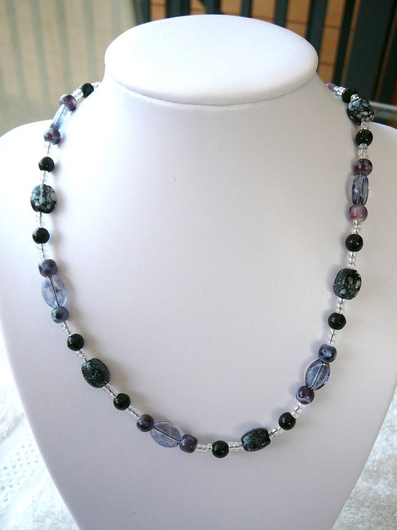 Glass Beads In Black, Mauve And White Necklace Pit Stop image 2