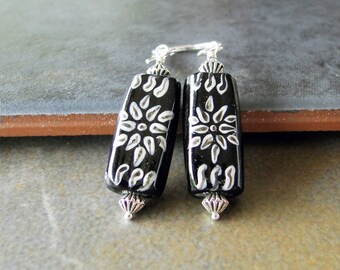 Hand Painted Glass Bead Earrings With Silver Beads