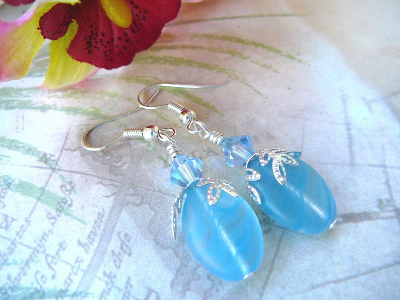 Pastel Blue Czech Glass With Swarovski Crystal Earrings image 1