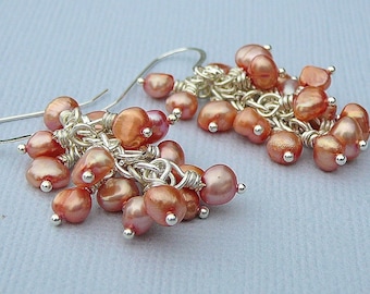 Orange Freshwater Pearls Cluster Earrings