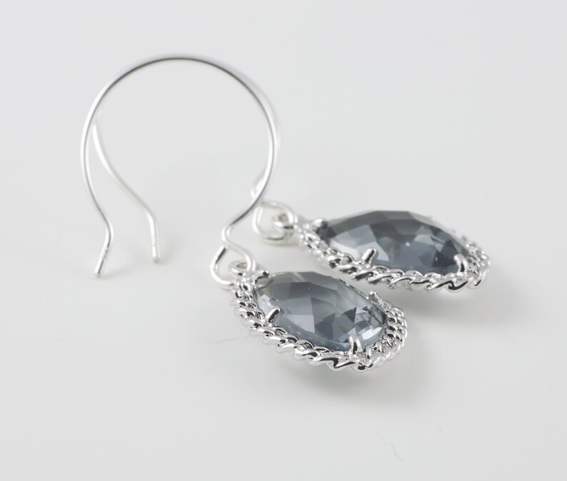 Charcoal Glass Earrings With A Shiny Silver Tone Chain Frame image 1