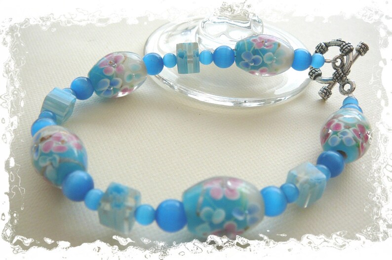 Glacier Blue Flower Lampwork Bracelet image 1