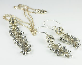 Wedding Necklace and Earrings, Rhinestone Disco Ball, Sterling Silver