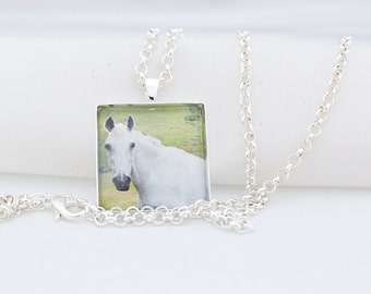 White Horse Necklace, Shiny Silver, Photography, Photo Jewelry, Horse Photograph