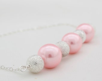 Pastel Pink Pearl Glass Bead Necklace On Sterling Silver Wire, Attached To A Sterling Silver Chain