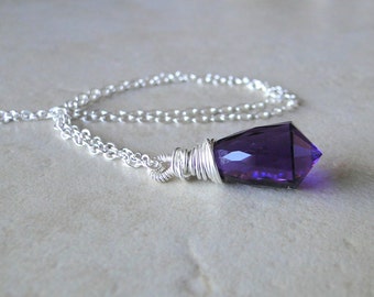 Multi Facted Amethyst Necklace, Wire Wrapped On A Sterling Silver Chain (401)