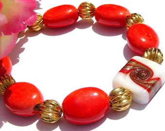 Bright Red Bracelet, Vibrant Fancy Glass Beads