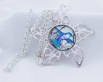 In Flight Blue Bird Necklace, Shiny Silver,  Digital Art Picture Jewelry