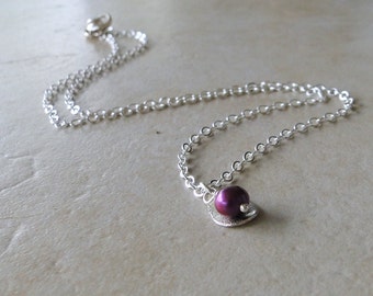 Burgundy Freshwater Pearl With Sterling Silver Brushed Curved Teardrop Necklace