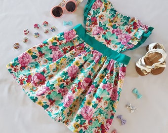Toddler Pinafore Dress, Girls Floral Pinafore Dress, Pink And Green Pinafore Dress