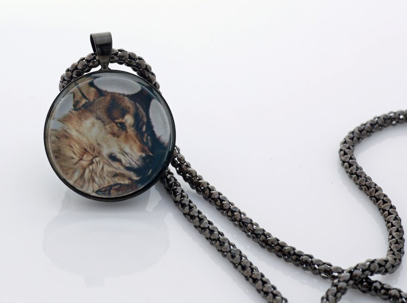 Brown Wolf Necklace, Gunmetal Black, Fine Art Print, Photo Jewelry image 3