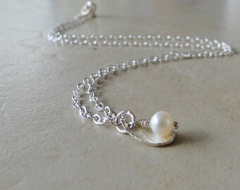 Tiny Freshwater Pearl With Sterling Silver Brushed Curved Teardrop Necklace