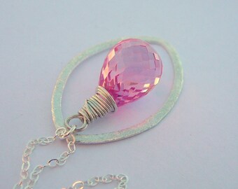 Pink Topaz Necklace With Sterling Silver Brushed Texture Marquis Oval And Sterling Silver Chain