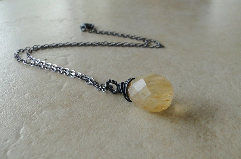 Coffee Quartz Teardrop Necklace, Wire Wrapped And Oxidized On A Sterling Silver Chain image 1
