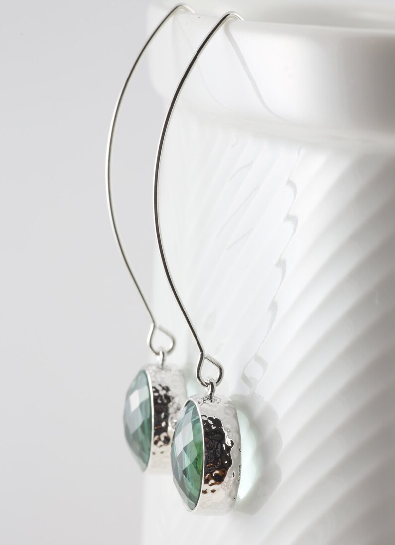 Pastel Lime Green Glass, Silver Tone Framed Oval Earrings image 4