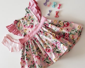 Toddler Pinafore Dress, Girls Floral Pinafore Dress, Pink Pinafore Dress, Flower Dress
