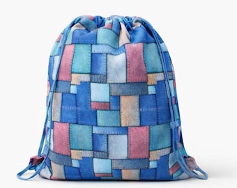 Handmade Patchwork Patterned Drawstring Backpack – Colorful Fabric Bag for Everyday Use