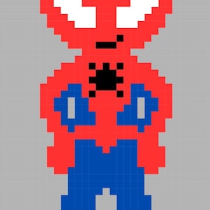 Pode incluir: Imagem pixelizada de um super-her&oacute;i em um traje vermelho e azul. O personagem tem uma cabe&ccedil;a vermelha com olhos brancos e um desenho de teia de aranha preta na testa. O torso &eacute; vermelho com um emblema de aranha preta, e as pernas s&atilde;o azuis.