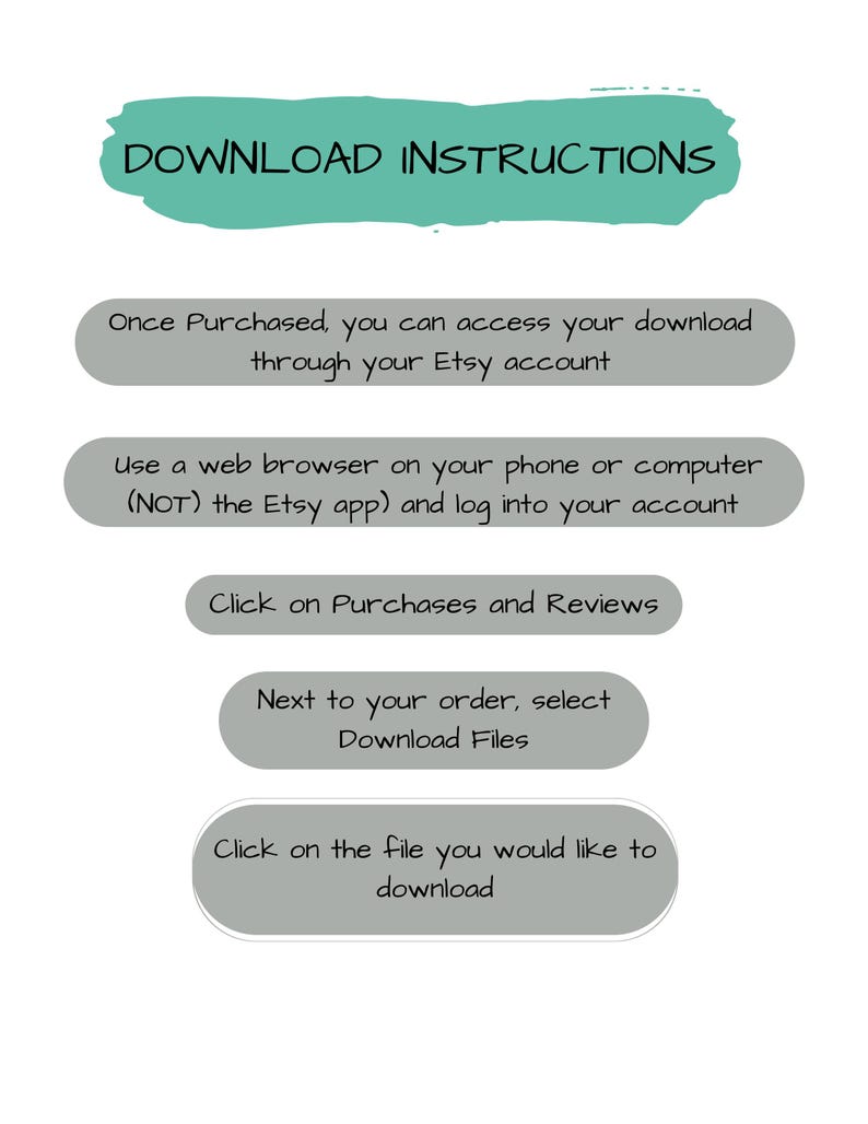 Pode incluir: Uma imagem branca com texto turquesa "DOWNLOAD INSTRUCTIONS". Instru&ccedil;&otilde;es passo a passo em ret&acirc;ngulos cinza arredondados com texto branco, explicando como baixar arquivos de uma conta Etsy.