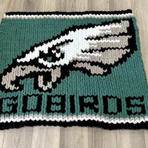Puede incluir: Una manta cuadrada tejida a mano, en color verde azulado, con un diseño estilizado de ala de águila en blanco, gris y negro. La palabra "EAGLES" está escrita en letras negras en la parte inferior. La manta tiene un borde negro y blanco.