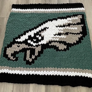 May include: A handmade, chunky knit blanket featuring the Philadelphia Eagles logo. The blanket has a teal background with the team's logo in white, gray, and black. The edges are trimmed with black, white, and gray stripes.