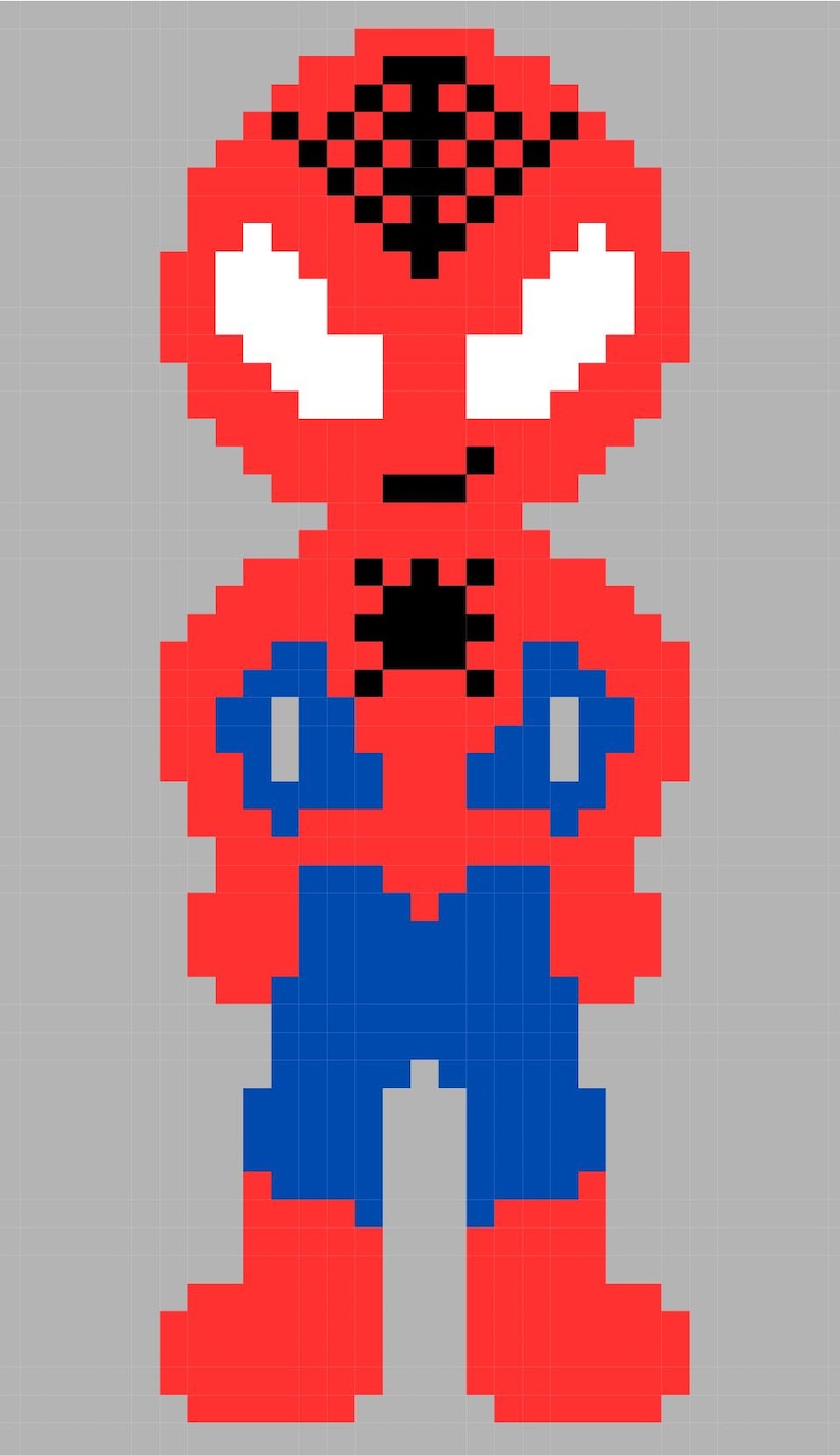 Pode incluir: Imagem pixelizada de um super-her&oacute;i em um traje vermelho e azul. O personagem tem uma cabe&ccedil;a vermelha com olhos brancos e um desenho de teia de aranha preta na testa. O torso &eacute; vermelho com um emblema de aranha preta, e as pernas s&atilde;o azuis.