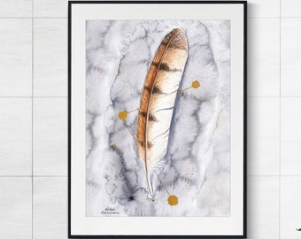 Barn Owl Feather art print - earth tone wall art, boho feather art, witchy home decor, nature watercolour, owl lover gift, cloudy sky print