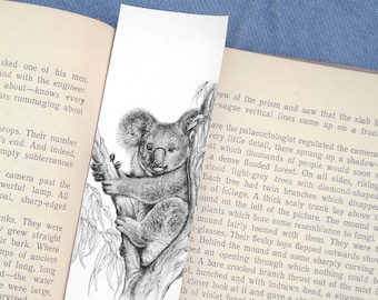 Op de afbeelding: Een zwart-witte potloodtekening van een koala die op een tak zit. De koala kijkt naar rechts en heeft een ontspannen uitdrukking. De tekening is gesigneerd door de kunstenaar, Nadya Neklioudova.