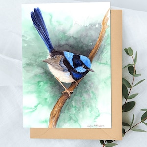 Carte de voeux troglodyte bleu - 5 x 7 pouces avec enveloppe vierge à l'intérieur, art oiseau bleu, carte oiseau indigène australien, cadeau pour amoureux de la nature vert émeraude