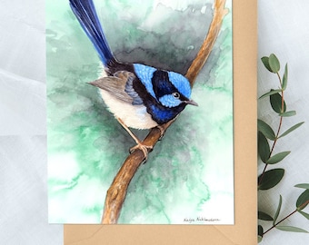 Blue Wren Greeting Card - 5x7in card with envelope blank inside, blue bird art, Australian native bird card, emerald green nature lover gift