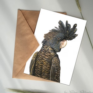 Carte cacatoès noir - carte 5 x 7 pouces avec enveloppe vierge à l'intérieur, carte de voeux oiseau australien, art cacatoès noir, carte d'anniversaire australienne