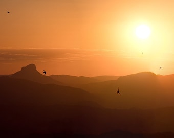 Mountain Sunset Panorama - Australian landscape photography, Australian seller, Lamington National Park sunset print, sunset with birds