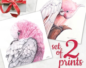 Pink Cockatoo print SET OF 2 - pink parrot print, galah wall art, major mitchell pink bird painting, pink and grey matching wall art set