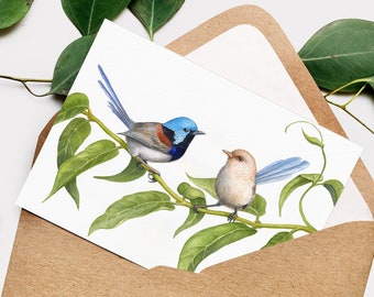 Fairy Wren Greeting Card - 5x7 inch card with envelope blank inside, blue wren art, bird pair, Australian native bird card, bird lover gift