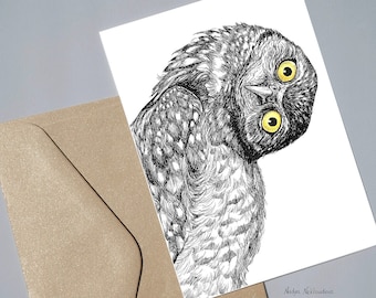 Funny Owl card - 5x7 inch Burrowing Owl card with envelope, blank inside, quirky greeting card, cute owl, surprise gift card