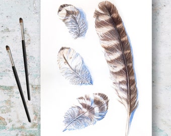 Powerful Owl Feather art print - natural history art, boho feather decor, witchy home decor, wildlife nature watercolour, bird lover gift