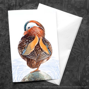 Mandarin Ente Grußkarte - 15x7 Zoll Karte mit Umschlag, innen blanko, Vogel Kunst Karte, Entenkarte, blanko Karte, alle Gelegenheitskarte, Vogelkarte