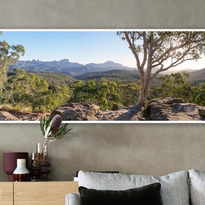 Australian bush landscape panoramic wall art, Warrumbungles National Park, mountain panorama, nature photography print, green home decor