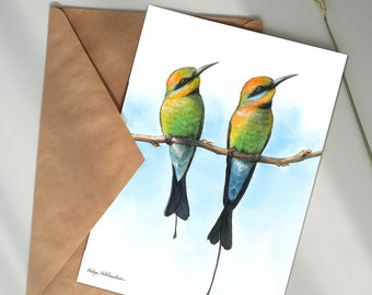 Rainbow Bee-eater Greeting Card - 5x7 inch card with envelope blank inside, Australian bird card, bird lover gift for bird lovers
