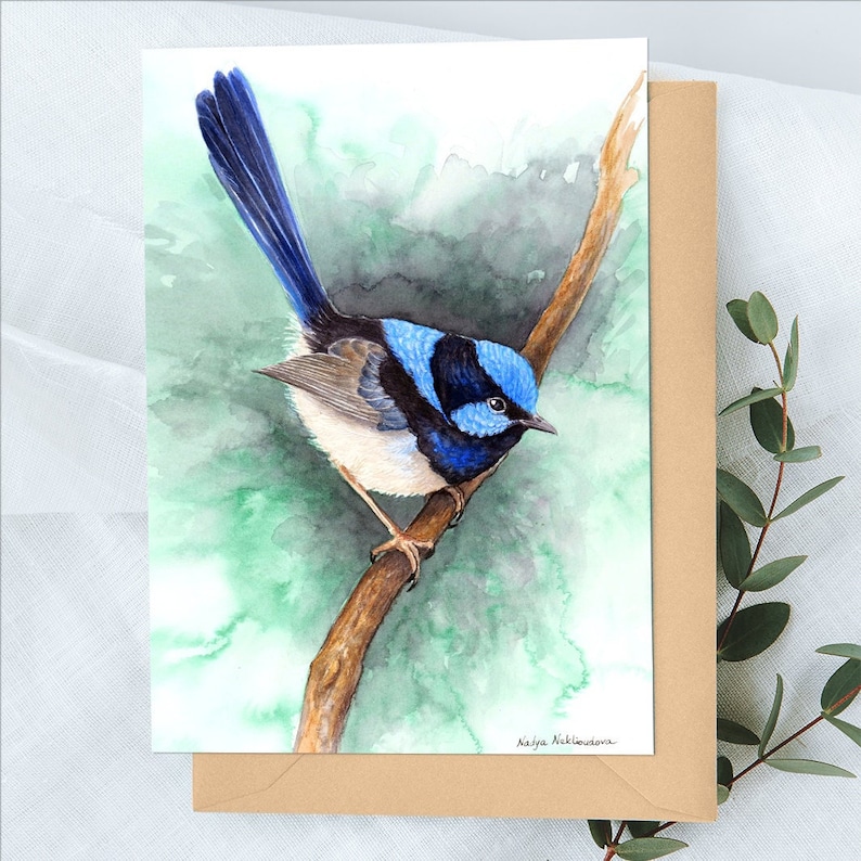 Blue Wren Greeting Card 5x7in card with envelope blank inside, blue bird art, Australian native bird card, emerald green nature lover gift image 1