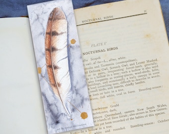 Barn Owl Feather Bookmark - canvas bookmark 2x6in (5x15cm) - barn owl gift, book lover gift, Australian bird, owl lover gifts, owl print