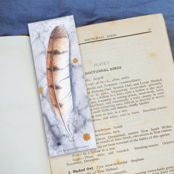 Barn Owl Feather Bookmark - canvas bookmark 2x6in (5x15cm) - barn owl gift, book lover gift, Australian bird, owl lover gifts, owl print