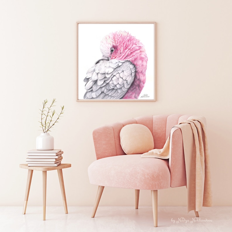 Galah pink and grey wall art Australian cockatoo print, pink bird painting, parrot print, Australian seller, pink cockatoo art print image 4