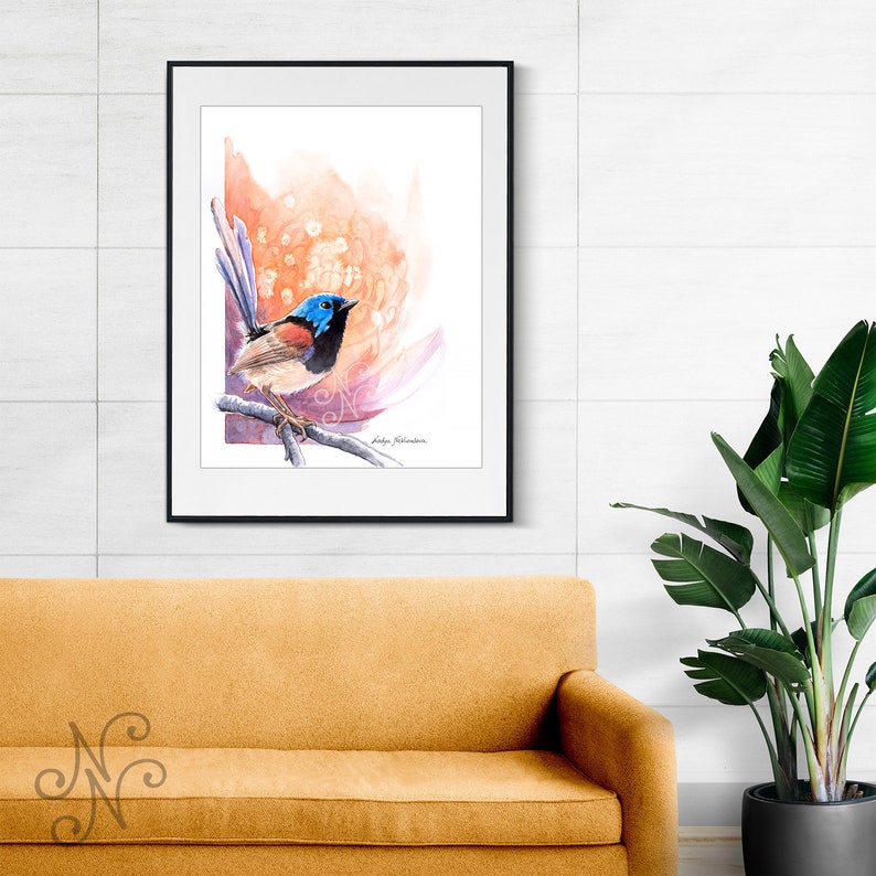 Sunrise Fairy-Wren and Waratah print bright wall art, bird lover gift, Australian native bird print, nature decor watercolour image 3