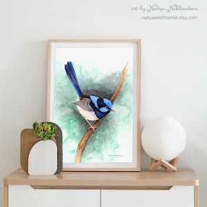 Blue Wren on Emerald Green print bird lover gift, Superb Fairy-wren print, wren painting, Australian native bird print, jewel tone decor image 5