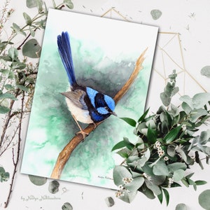 Blue Wren on Emerald Green print bird lover gift, Superb Fairy-wren print, wren painting, Australian native bird print, jewel tone decor image 3