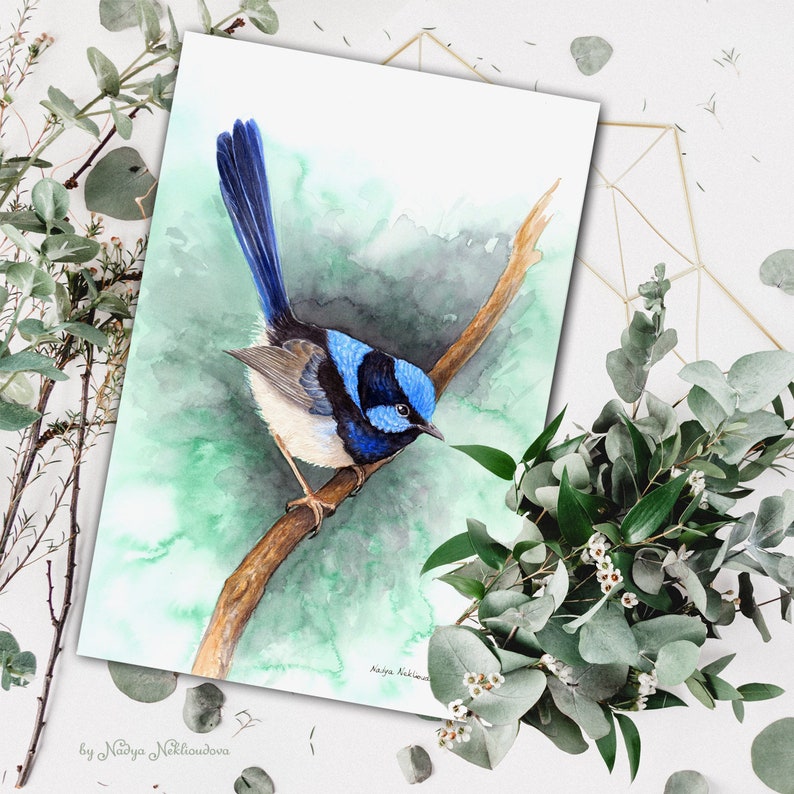 Blue Wren on Emerald Green print bird lover gift, Superb Fairy-wren print, wren painting, Australian native bird print, jewel tone decor image 3