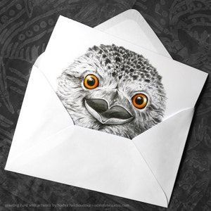 Tarjeta de felicitación de boca de rana leonada: tarjeta de 5 x 7 pulgadas con sobre, arte de aves australianas, tarjeta de felicitación en blanco, tarjeta divertida de búho, tarjeta para toda ocasión