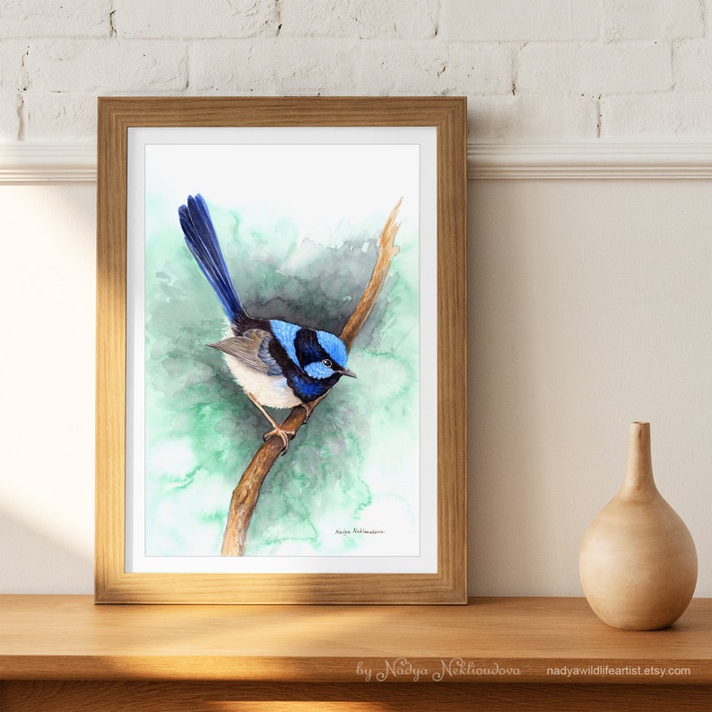 Blue Wren on Emerald Green print bird lover gift, Superb Fairy-wren print, wren painting, Australian native bird print, jewel tone decor image 2