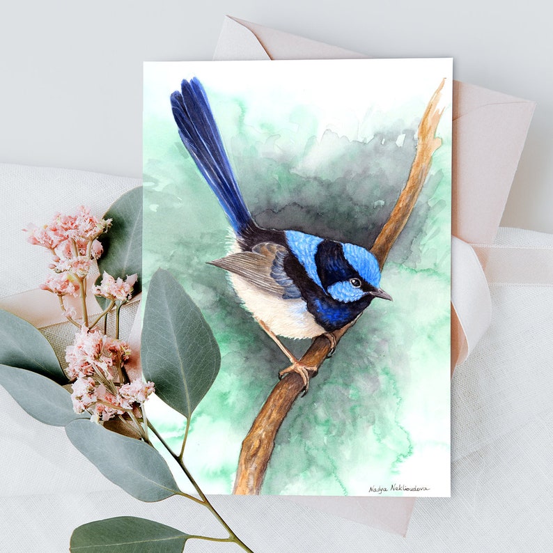 Blue Wren Greeting Card 5x7in card with envelope blank inside, blue bird art, Australian native bird card, emerald green nature lover gift image 3